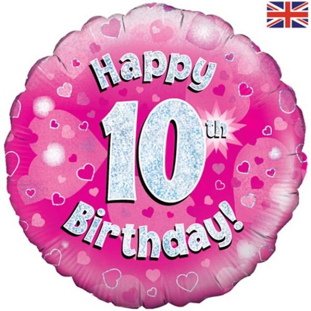 Picture of 18 inch Happy 10th Birthday Pink Foil Balloon.